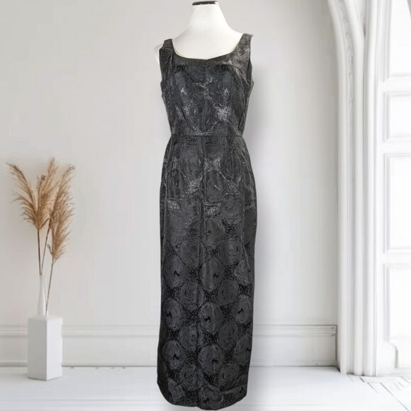 Vintage 60s Jacquard Cocktail Formal Maxi Dress Size 6 Black Fitted Bombshell - Picture 2 of 15